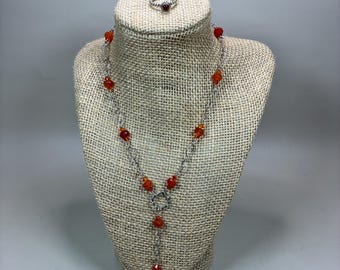 Set di gioielli in argento sterling con corniola: collana Y Lariat e anello taglia 7