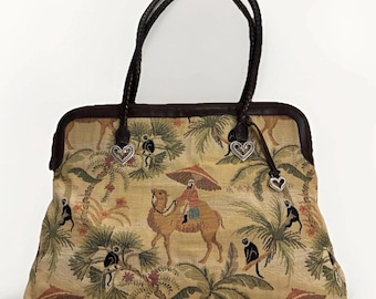 Borsa da weekend vintage Brighton Tapestry: manico intrecciato in pelle, scena della giungla