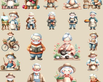 May include: A collection of watercolor illustrations featuring elderly characters engaged in various activities. The characters are depicted with white hair, glasses, and hats, and are shown gardening, reading, painting, and more. The color palette is soft and inviting.