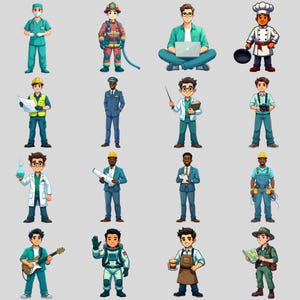 Pacchetto di 16 Clipart PNG di professioni - Download digitale, adatto alle pubblicità - Personaggio di carriera diversificato per adesivi per planner, risorse per insegnanti