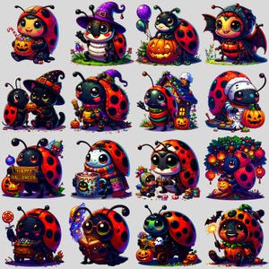 Set di clipart PNG con attività divertenti di Halloween a tema coccinella - Download digitale kawaii per giochi e decorazioni per feste, uso commerciale