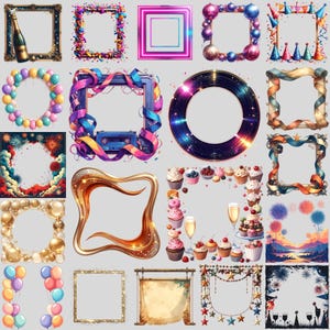 Könnte beinhalten: Eine Sammlung dekorativer Rahmen mit verschiedenen Designs. Zu den Rahmen gehören Champagnerflaschen, Konfetti, Discokugeln, Partyhüte, Luftballons, Bänder, eine Kassette, eine Schallplatte, Feuerwerk, Cupcakes und Sterne. Jeder Rahmen hat ein einzigartiges Farbschema.