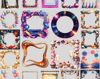Party Celebration Frame Clipart: Glitter, Confetti, Balloon Borders PNG Set (Digital Download)