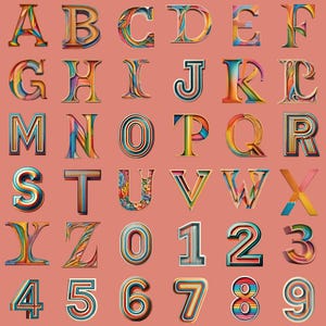 Puede incluir: Un conjunto de alfabeto y números coloridos con un efecto 3D. Cada letra y número está hecho de diferentes rayas y patrones de colores.