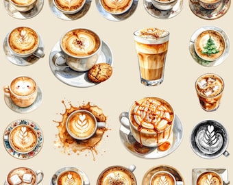 Aquarell-Kaffee-Clipart-Bundle: Heiße und kalte Latte-Art, gemütliches Café-PNG-Set (Digitaler Download)