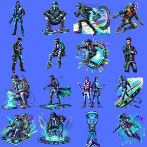 サイバーパンクなタイムトラベラーのクリップアート – デジタルアートやグッズに使える、未来的なネオンSF PNG素材16選