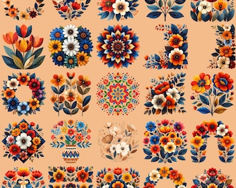 Imágenes prediseñadas florales escandinavas, flores de arte popular nórdico, PNG botánico bohemio (descarga digital)