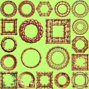 Puede incluir: Una colección de varios marcos de bambú marrón en diferentes formas, incluyendo círculos, cuadrados y hexágonos. Los marcos tienen diseños tejidos y sólidos, sobre un fondo verde claro. La imagen muestra una variedad de elementos decorativos naturales y rústicos.
