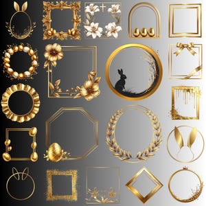 Può includere: Una collezione di cornici e elementi decorativi color oro, tra cui disegni di uova di Pasqua, composizioni floreali e una silhouette di coniglio. Le cornici variano nella forma, da quadrata e rettangolare a ovale e circolare, con dettagli intricati.