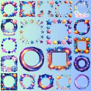 May include: A collection of colorful, whimsical digital illustrations featuring various frames and borders. Designs include star-shaped frames, rocket ships, planets, astronauts, and gift boxes. The color palette is vibrant, with blues, pinks, yellows, and purples, perfect for digital art projects.