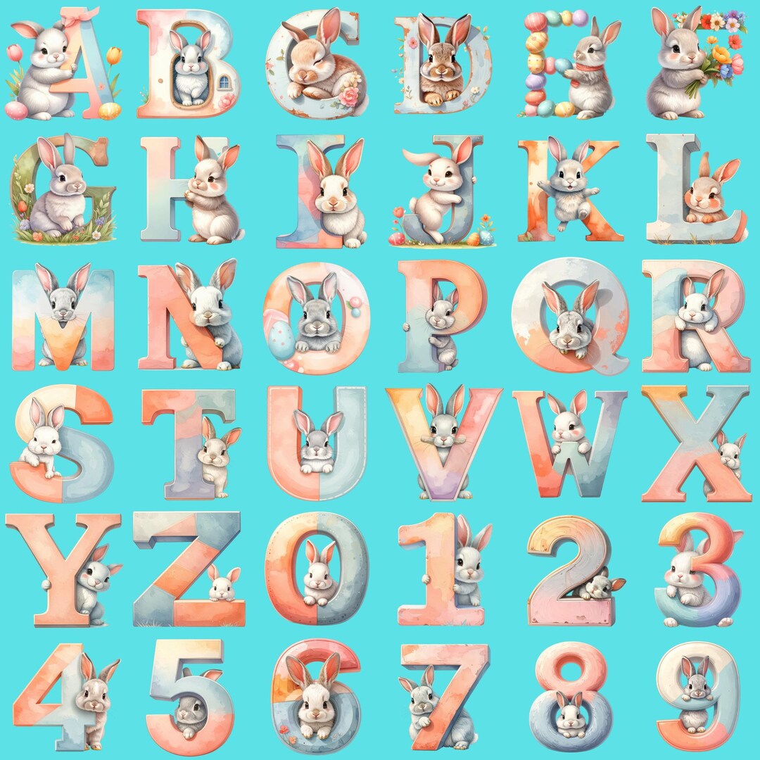 Easter Bunny Alphabet Clipart: Pastel Watercolor Rabbit Letters ...