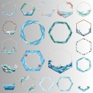 May include: A collection of twenty digital frames and borders featuring watercolor illustrations of ocean waves, sea shells, starfish, sea turtles, and coral reefs. The designs include various geometric shapes like hexagons and circles in shades of blue.