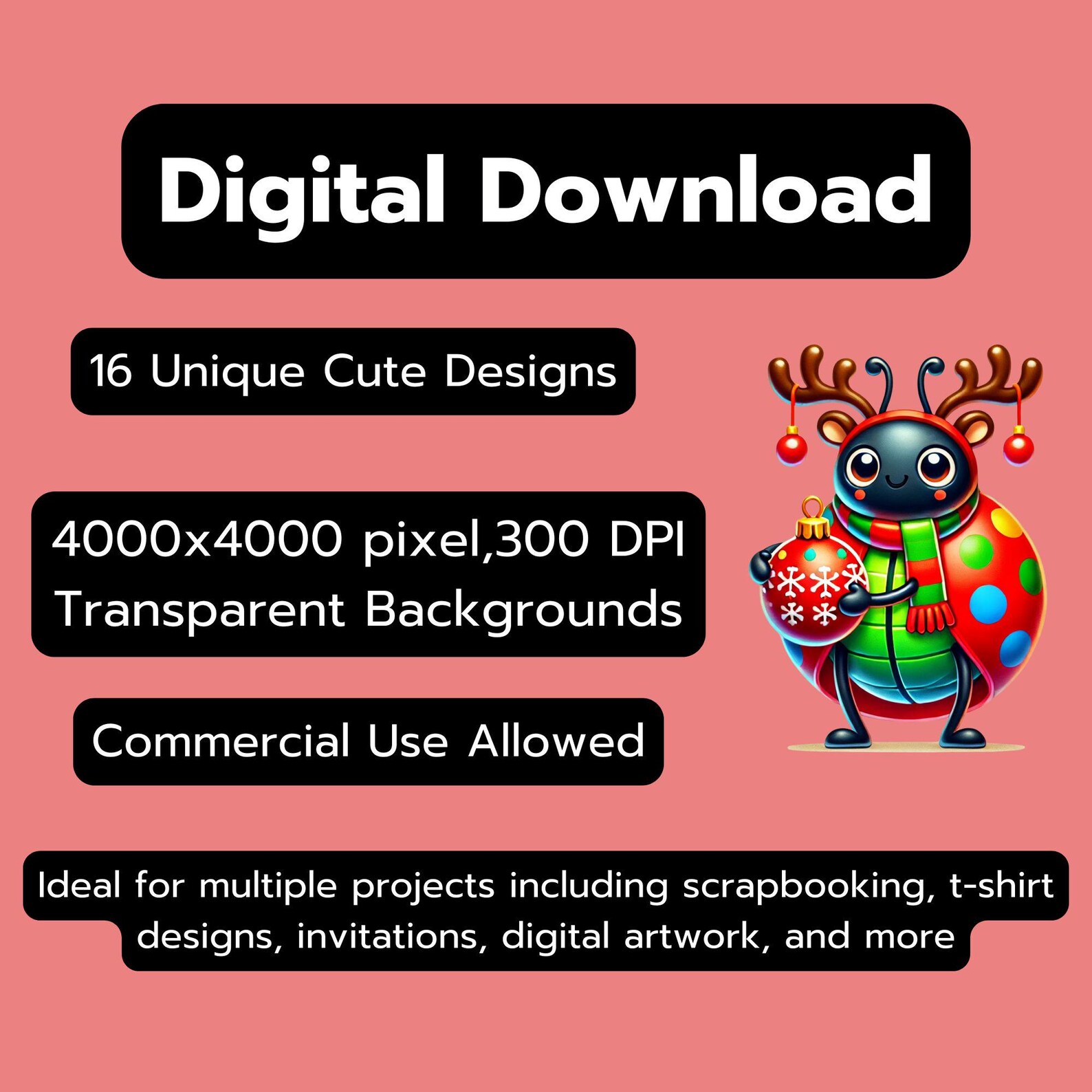 Christmas Ladybug Clipart Bundle: Festive Holiday Beetle PNG Set ...