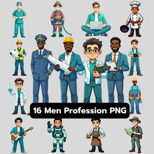 Könnte beinhalten: Eine Sammlung von 16 Illustrationen im Cartoon-Stil, die verschiedene Berufe darstellen, darunter Arzt, Feuerwehrmann, Koch, Pilot, Ingenieur, Wissenschaftler, Musiker, Astronaut und Barista, mit dem Text 16 Men Profession PNG in der Mitte.