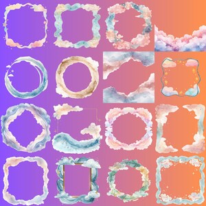 May include: A collection of watercolor frames in various shapes, including squares, circles, and irregular forms. The frames feature soft pastel colors like pink, blue, and peach, with cloud-like textures. Some frames have gold accents and star details.