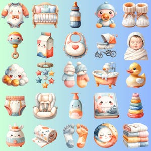 May include: Watercolor illustrations of baby items, including a crib, bottle, bib, stroller, and toys. The image features a soft color palette with a variety of baby-related products, such as a baby bottle, a baby rattle, and a stack of colorful rings.