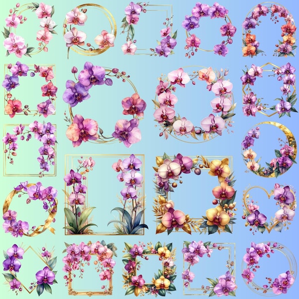 Elegant Watercolor Orchid Frames Clipart: Purple & Gold Floral Wreath PNG Set (Digital Download)