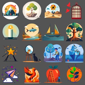 Op de natuur geïnspireerde clipart | 16 unieke kunstpictogrammen voor projecten | Ideaal voor stickers, T-shirts en kunst aan de muur Instant download Art Pack