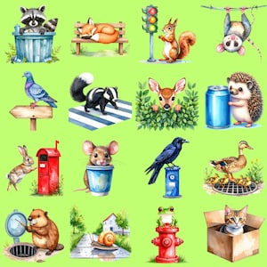 Clipart de acuarela de vida silvestre urbana / Paquete de 16 PNG de animales urbanos / Perfecto para proyectos creativos y diseño digital