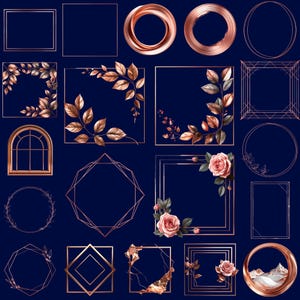 Könnte beinhalten: Eine Sammlung von roségoldenen Rahmen und Designelementen auf dunklem blauem Hintergrund. Die Rahmen umfassen Quadrate, Kreise und geometrische Formen, einige mit floralen und Blätter-Akzenten. Das Bild ist eine digitale Illustration.