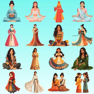 Clipart cultural de mujeres diversas: conjunto PNG de moda tradicional y belleza global (descarga digital)