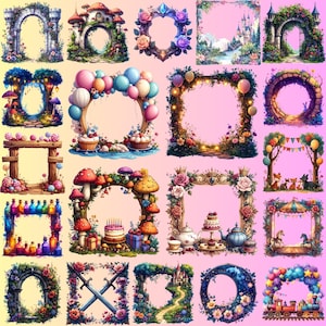 Op de afbeelding: Een verzameling digitale frames en bogen met fantasiethema's en levendige kleuren. Ontwerpen omvatten bloemstukken, paddenstoelen, kastelen, ballonnen en verjaardagstaarten. De frames staan tegen een roze gradiënt achtergrond, ideaal voor digitale kunst.