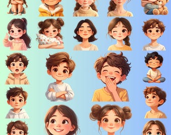 May include: A selection of cartoon illustrations of children with diverse expressions. The children have brown hair and are wearing different outfits. Some are smiling, while others are showing other emotions. The background is a gradient of blue and green.