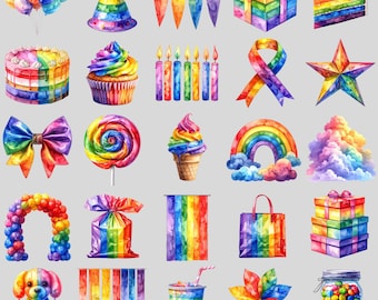 Rainbow Birthday Party Clipart: Watercolor Cake, Balloons and Decoration PNG Set (Digital Download)