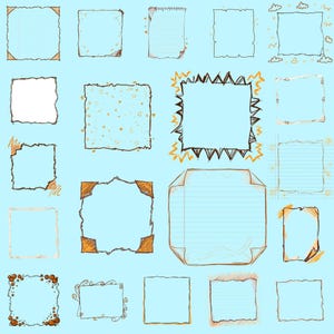 May include: A collection of twenty square and rectangular paper frames with various decorative borders. The frames are in shades of white, brown, and orange, with a light blue background. Some frames have torn edges, while others have doodles.