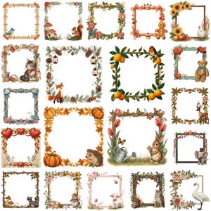 Può includere: Una collezione di venti cornici decorative quadrate con varie illustrazioni, tra cui animali come un gatto, una volpe, un riccio, un coniglio e un cigno, insieme a elementi stagionali come zucche, girasoli, pigne e fiori disposti in una griglia.