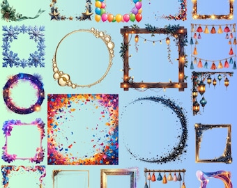 Party Frame Clipart Bundle: Celebration Border, Tassel, Confetti & Light Frames PNG Set (Digital Download)