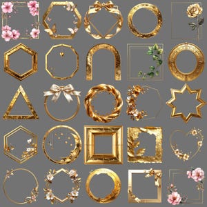 May include: A collection of various gold-colored frames in different shapes and designs. Some frames feature floral and bow accents, while others have geometric shapes. The frames are arranged on a gray background.