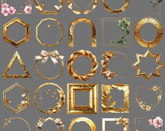 Cadres dorés et couronnes de fleurs (clipart) : Ensemble de bordures métalliques élégantes et de fleurs (PNG, téléchargement numérique)