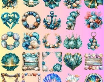 Paquete de imágenes prediseñadas de conchas marinas y océano: Conjunto PNG de acuarela de playa costera y temática náutica (descarga digital)