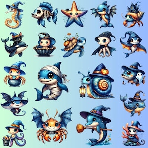 May include: A collection of whimsical Halloween-themed sea creatures. The illustrations feature a seahorse, fish, starfish, crab, whale, and others, all adorned with witch hats and spooky accessories. The color palette includes blues, oranges, and purples.