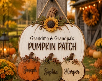 Personalized Grandma Grandpa's Pumpkin Patch Wood Sign Custom Family Names Rustic Fall Door Hanger Thanksgiving Gifts for Grandparents