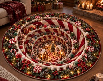 Christmas Winter Village 3D Round Rug Snowy Town Optical Illusion Floor Mat Holiday Living Room Carpet Non Slip  Christmas Home Decor Gift