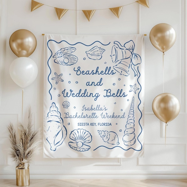 Personalized Bachelorette Party Decor, Seashells and Wedding Bells Bachelorette,Beach Bachelorette Decorations,Coastal Bachelorette Backdrop