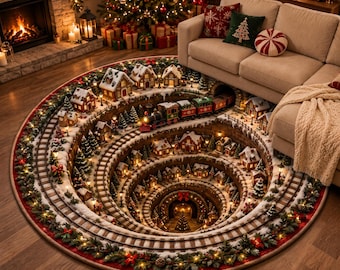 Christmas Winter Village 3D Round Rug Snowy Town Optical Illusion Floor Mat Holiday Living Room Carpet Non Slip  Christmas Home Decor Gift