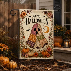 May include: A rectangular garden flag featuring the text Happy Halloween in black lettering. The design includes a central ghost made of various floral and plaid fabric patterns, surrounded by a border of colorful autumn flowers and pumpkins.