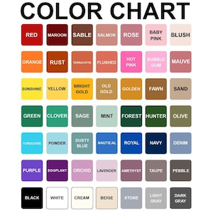 May include: A color chart with a variety of color swatches, each labeled with a color name. Colors include red, orange, yellow, green, blue, purple, black, white, and various shades like maroon, navy, and lavender. The text "COLOR CHART" is at the top.