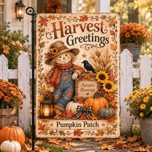 May include: A rectangular garden flag featuring a scarecrow in blue overalls and a straw hat, surrounded by sunflowers, pumpkins, and a black bird. The text reads Harvest Greetings, Autumn Blessings, and Pumpkin Patch, framed by autumn leaves.