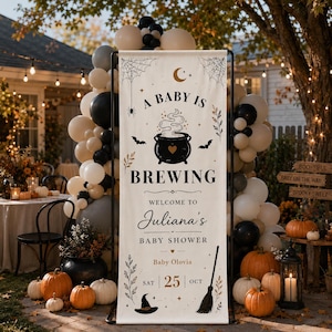 A Baby Is Brewing Welcome Sign Witch Theme Baby Shower Decor Spooky Fall Party Backdrop Personalized Halloween Baby Shower Banner