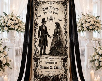 Personalized Skeleton Couple Gothic Wedding Welcome Sign Custom Till Death Wedding Tapestry Halloween Wedding Banner Fall Gothic Ceremony
