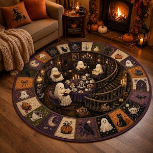 May include: A round area rug featuring a detailed Halloween-themed illustration of ghosts reading books and drinking tea in a library setting. The border consists of square panels displaying pumpkins, black cats, ghosts, and moons in orange and purple.
