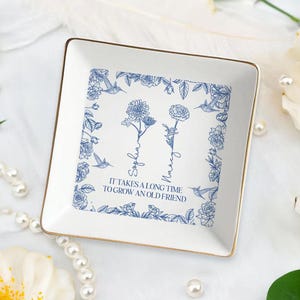 Personalized Birth Flower Jewelry Dish: Toile De Jouy Ceramic Ring Holder