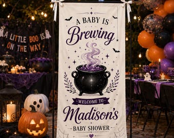 A Baby Is Brewing Welcome Sign, Purple Witchy Halloween Baby Shower Banner, Personalized Halloween Party Decor, Spooky Baby Shower Decor