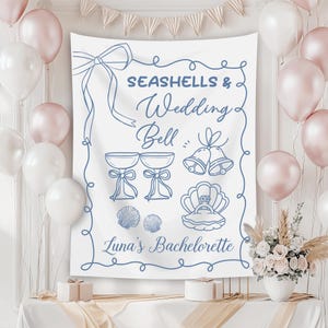 Personalized Seashells and Wedding Bells Bachelorette Tapestry: Beach Party Decor