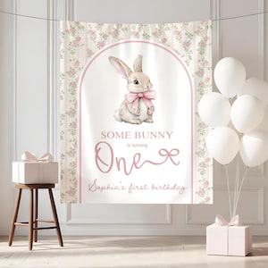 Personalized Bunny First Birthday Party Banner, Some Bunny Is Turning One Backdrop, Custom Baby 1st Birthday Decorations