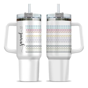 May include: Two white stainless steel tumblers with handles, clear lids, and straws. The tumblers feature a vertical design of colorful horizontal stitching patterns in teal, maroon, yellow, gray, and black. The name Samuel is printed in black.